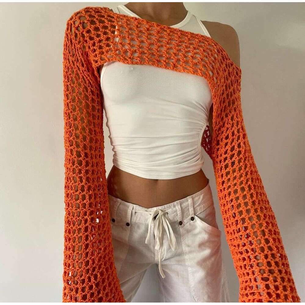 Autumn Hand Hook Sweater Women's Ultra Short Horn Sleeve Sexy Mesh Hoodie Trend 2025 New Casual Fashion Trendy Clothing