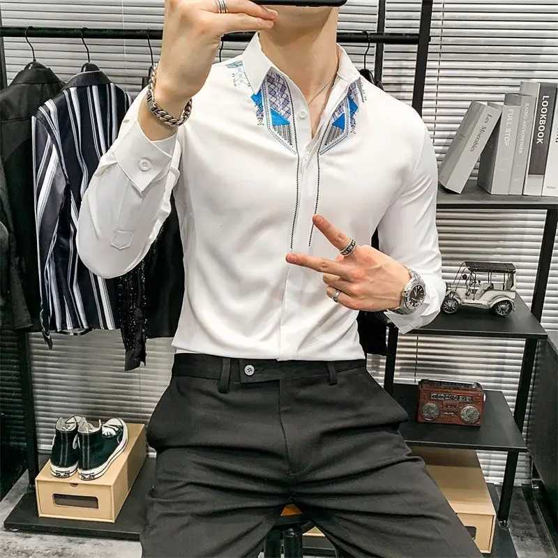 Mens Clothing Korean Fashion Non Iron Wrinkle Resistant Business Casual Shirt Vintage Embroidery Long Sleeve Slim Formal Tops W250312