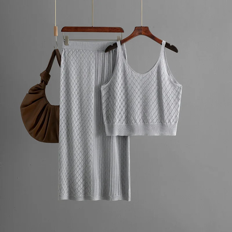 Heliar Summer Fashion Womens Two Piece Hollow Suspension Knitted TopCasual Skiing Set y2k 250312