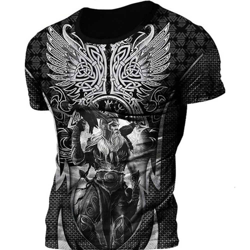 Mens T shirt Vikings 3D Digital Print Odin Triangle Knot Pattern T-Shirt, Men's Summer Tattoo Casual Short Sleeve tee Casual tops summer clothes
