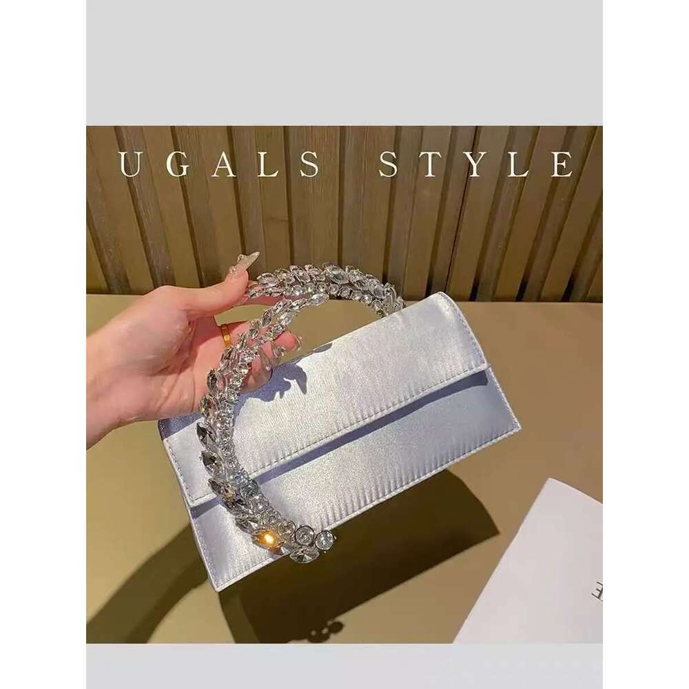 Crystal Shiny Rhies Dia Metal Handle Women Handbag Satin Evening Wedding Party Clutch Purse Crossbody Bag