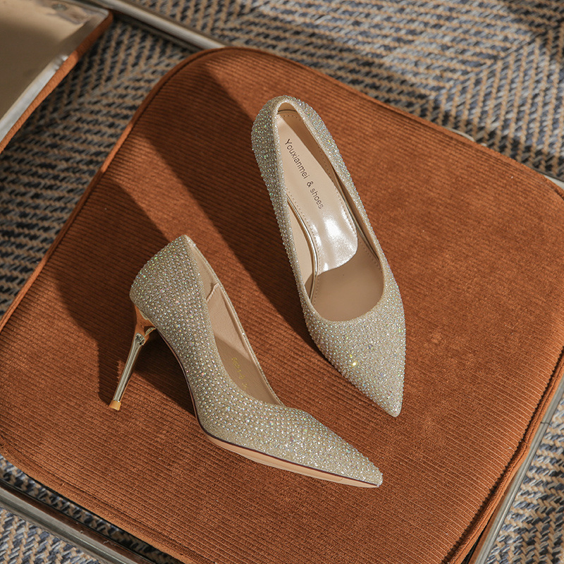 Designer shoes Korean version rhinestone high heels for women's wedding shoes, new versatile bright diamond women's shoes, hot diamond point