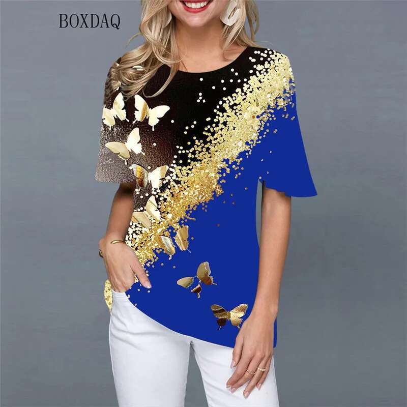 Butterfly Pattern Print Streetwear Women Shirts Short Sleeve 3D Gradient Printed Casual Blouses Loose Round-Neck Pullovers Tops