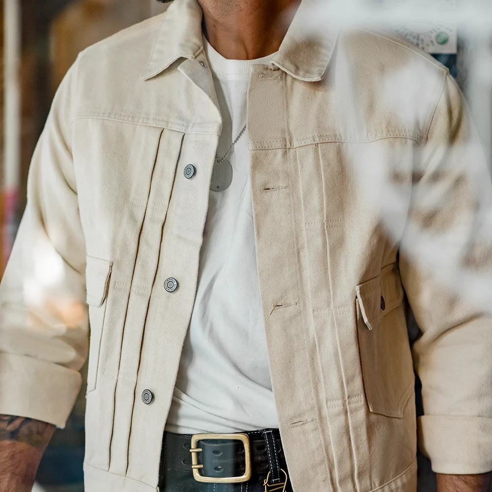 Maden retro white denim jacket mens cotton ultrathin fit fashionable streetwear highquality clothing 250312