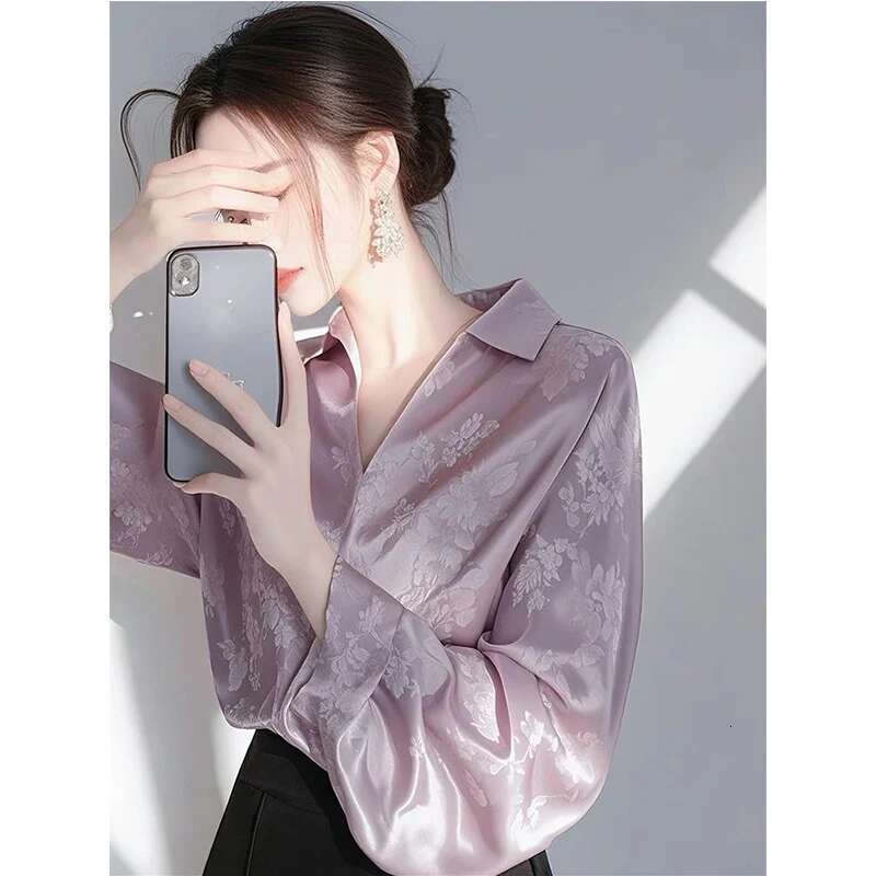 2025 Spring New Elegant Satin Jacquard Shirts Ladies Fashionable V-Neck Long Sleeve Blouse Women Clothing All-Match Top Tee