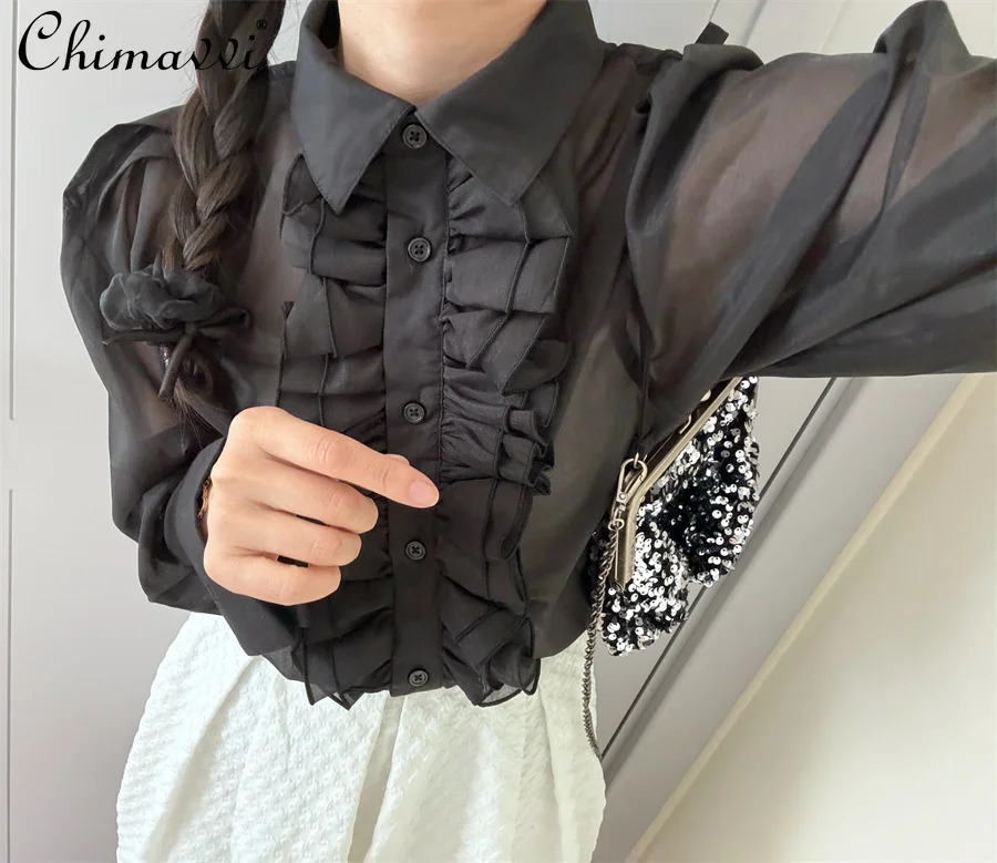 Japanese Sweet Cute Transparent Shirt Fashion Long-sleeved Loose Fungus Lace Romantic Blouse Temperament Top Camisas 250310