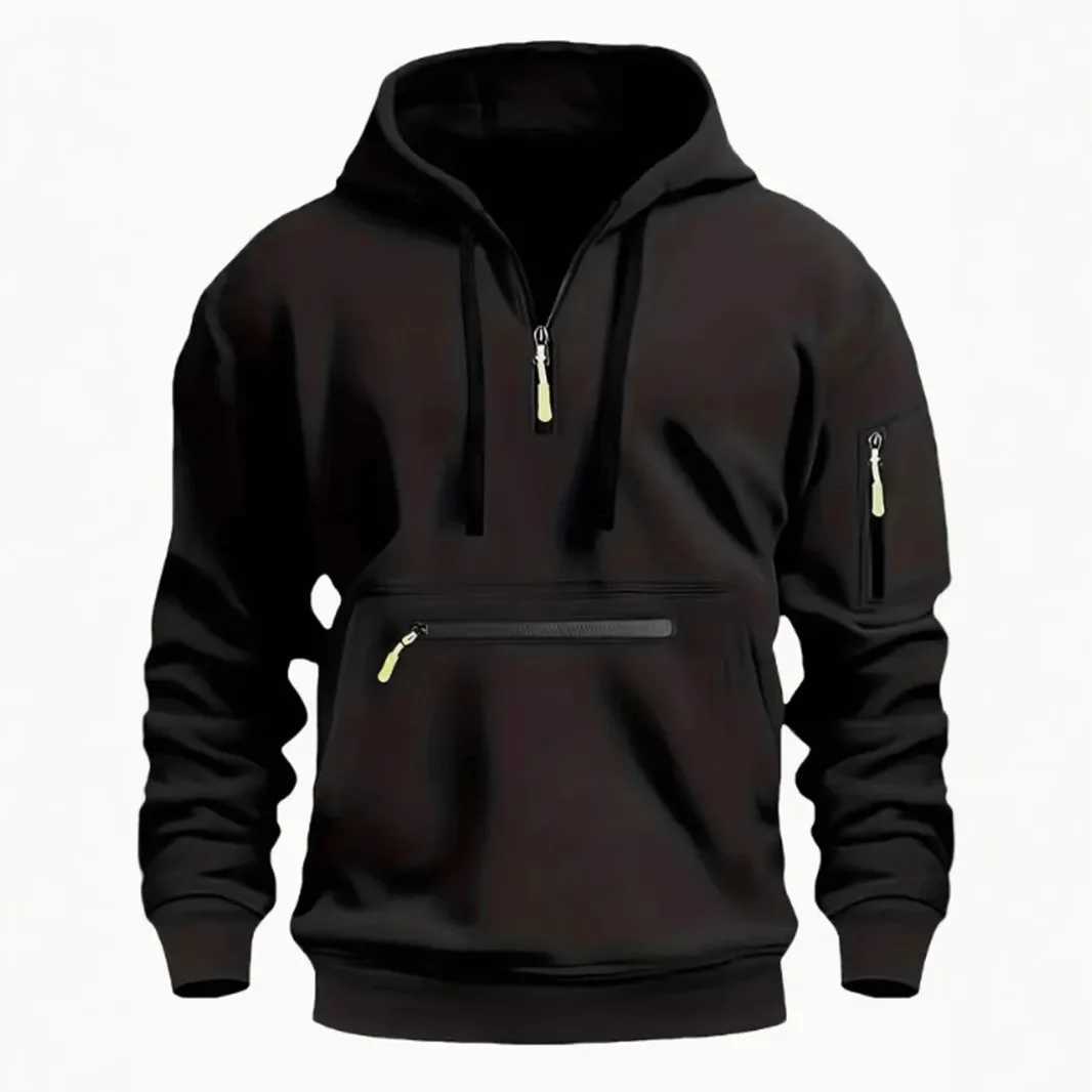 Mens hooded drawstring zipper pocket autumn and winter Hoodies fashion casual daily street solid color plus cashmere warm Tops M250312