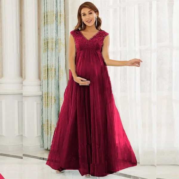 Fashion Elegant Pregnant Woman Dress Sleeveless V Neck Long Summer Dress Sexy Party Dress Female Chiffon Maxi Red Pink DressT250311
