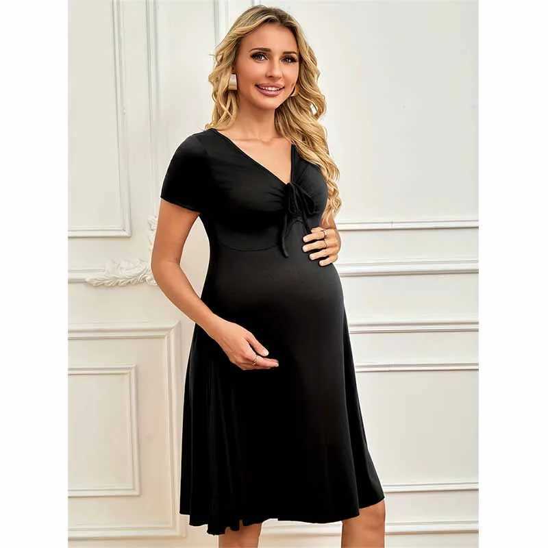 New Pregnancy Woman Dress Solid Photography Clothes Short Sleeve Dresses Soft Maternity V Neck Skirt Photoshoot PropsT250311