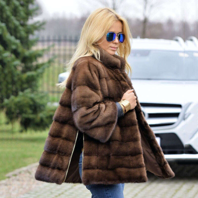 Mink Haining Medium Length Patchwork Brown Fur Jacket Women's Clothing