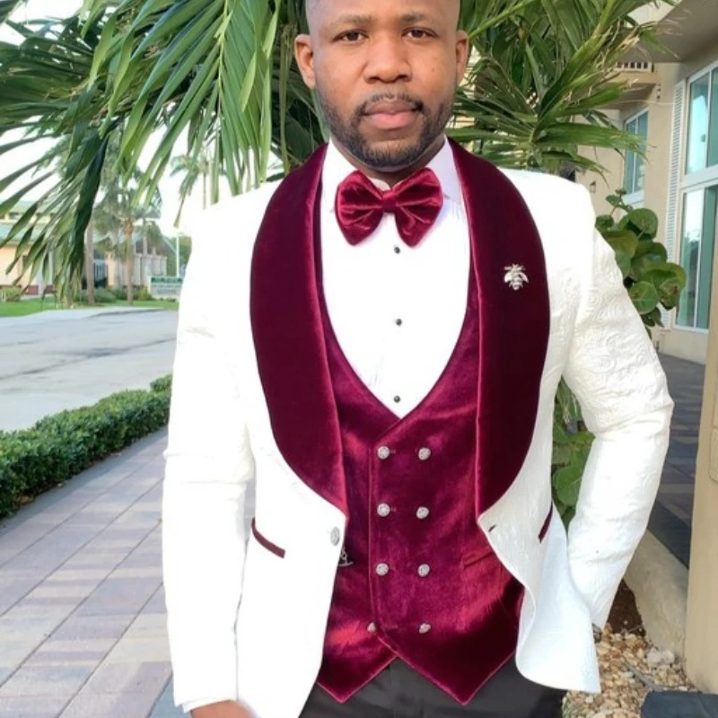 Jacquard Men Suits for Wedding Slim Fit 3 Piece Floral Groom Tuxedos Formal Suit Party Blazer with Vest Pants Costume Homme 2025