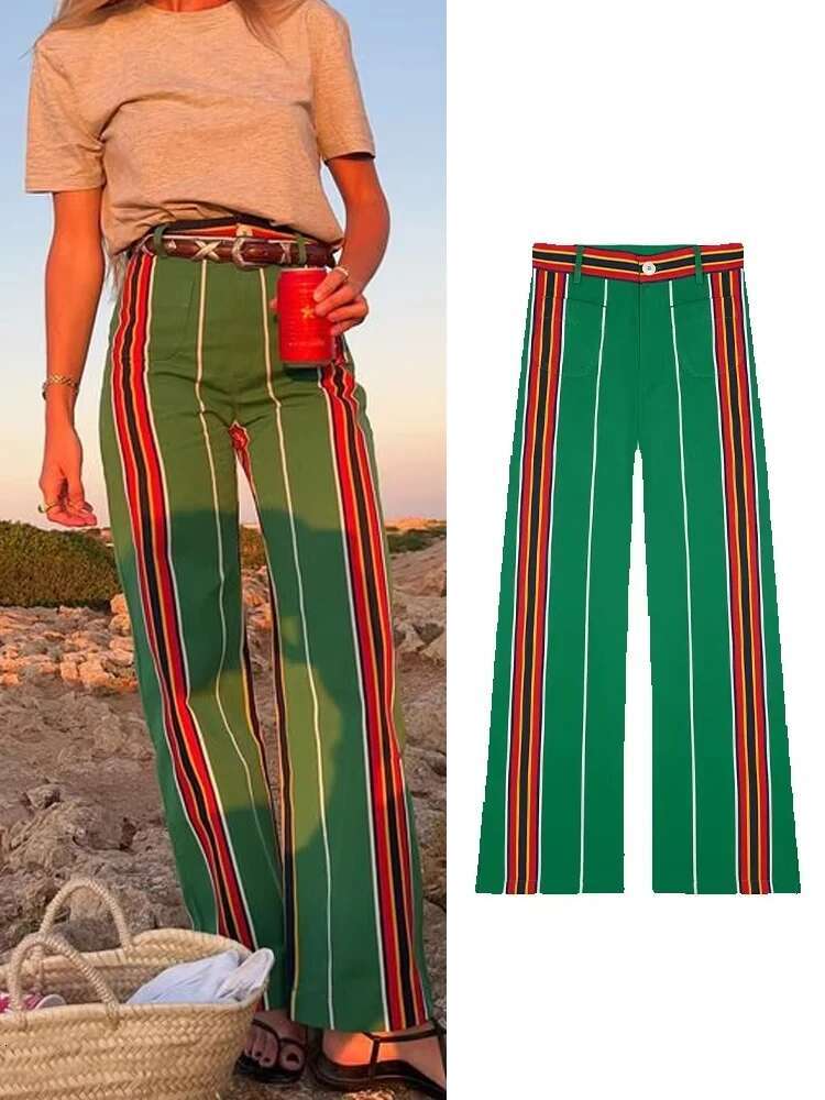 Fashion Dopamine Striped Long For Women High Waist Pockets Straight Wide Leg Trouser Female Contrast Chic Street Pants