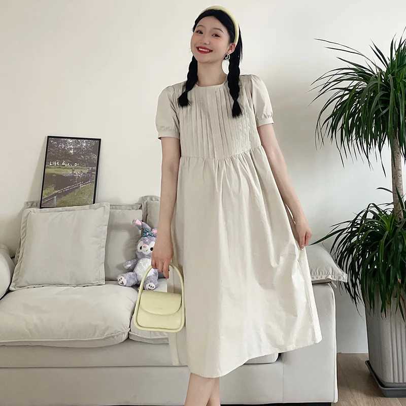 Korean Style Maternity Fashion Dress Plus Size Short Sleeve O-neck Pregnant Woman Brief Dress Solid Color Pregnancy A-line DressT250311