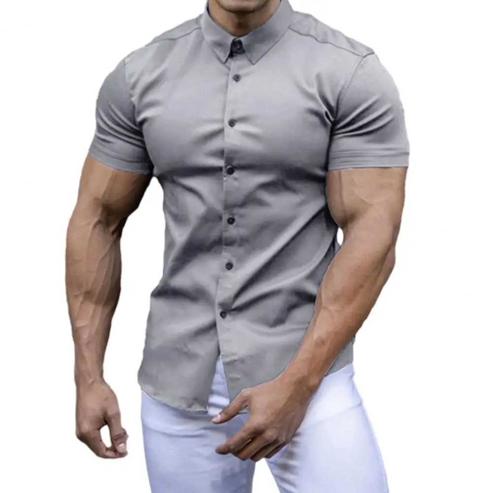 Mens Summer Lapel Short Sleeve Shirt Tops Single Breasted Solid Color Slim Fit Stretchy Anti-wrinkle Business Shirt Workwear W250312