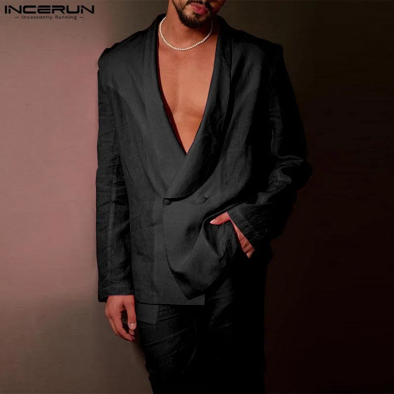 INCERUN Men Solid Color Pant Sets Csual 2PCS outfits Long Sleeve Tops Elastic Waist Pocket Pant Suits Sexy Elegant Loose Suits 250310