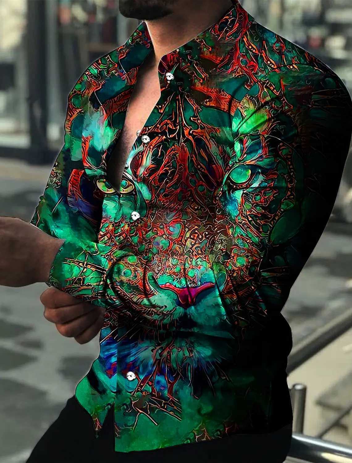 Mens Shirt Pattern Shirt Animal Tiger Collar 3D Printed Outdoor Casual Long Sleeve 3D Printed Button Clothing W250312