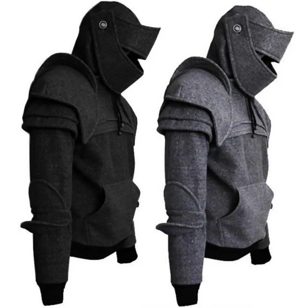 Mens Sweatshirt Solid Color Front Pocket Pullover Hoodie Medieval Style Face Cover Hooded Knight Sweatshirt Halloween Clothing M250312