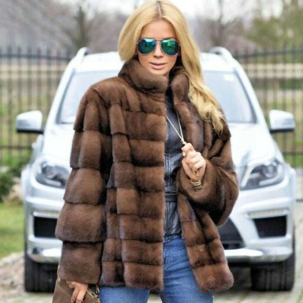 Mink Haining Medium Length Patchwork Brown Fur Jacket Women's Clothing
