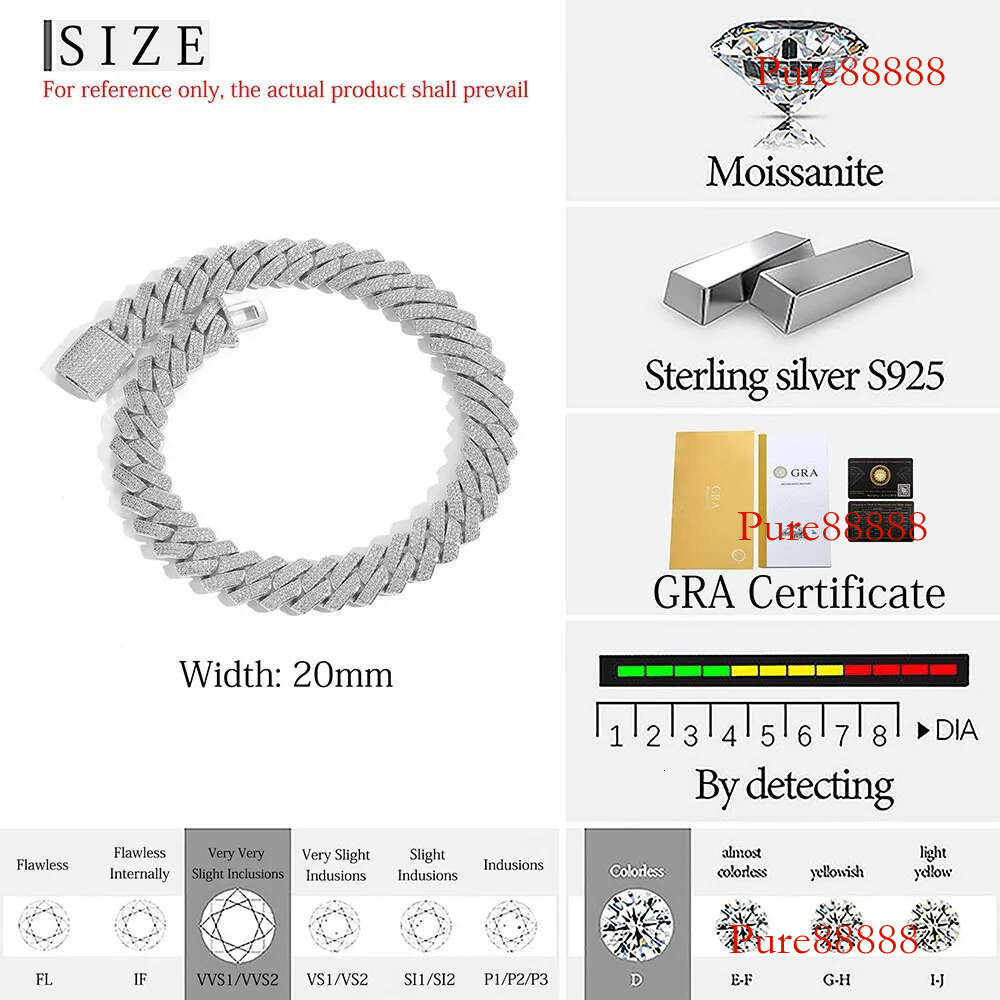 High Quality Hip Hop Dia D VVS Necklace Jewelry 20mm Three Row Moissanite Sterg Sier Cuban k Chain