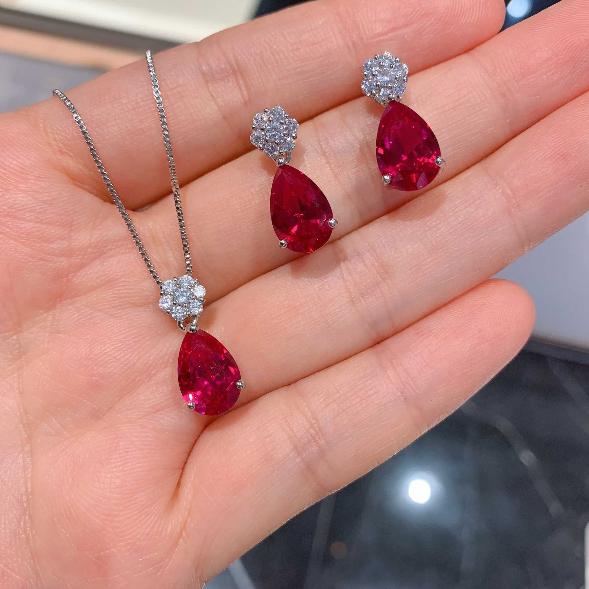 Zhuang Shengsheng Tiktok Online Live Broadcast Simulation Red Corundum Droplet Jewelry Set 8 * 12 W250312