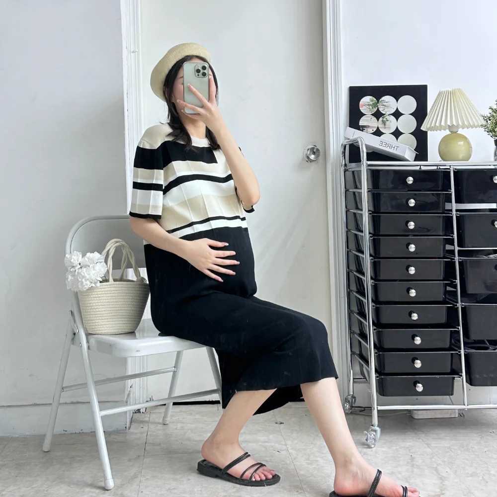 Korean Style Maternity Knit Dresses Summer Turn-down Collar Short Sleeve Block Color Striped Patchwork Pregnant Woman ClothesT250311