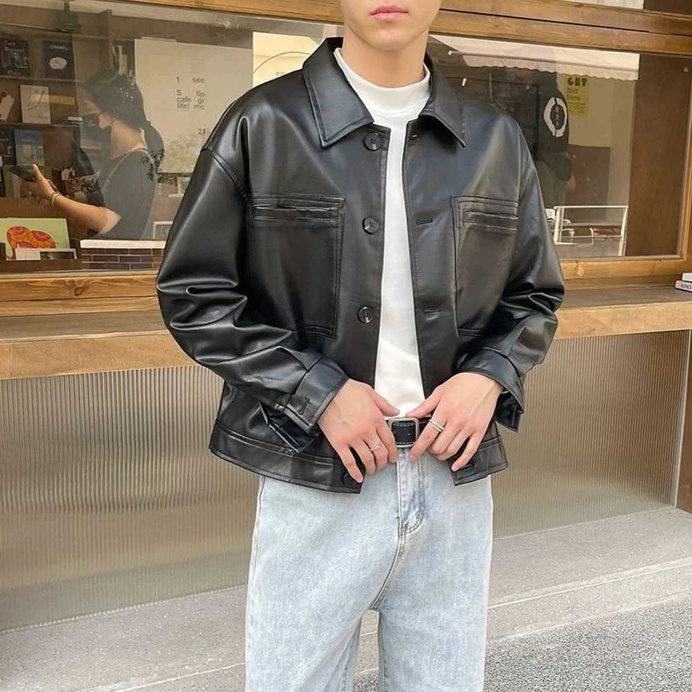 Autumn Mens Fashion Y2k Leather Jacket Trend Solid Color Lapel Casual Short American Street Slim Motorcycle Leather Jacket MenT250311