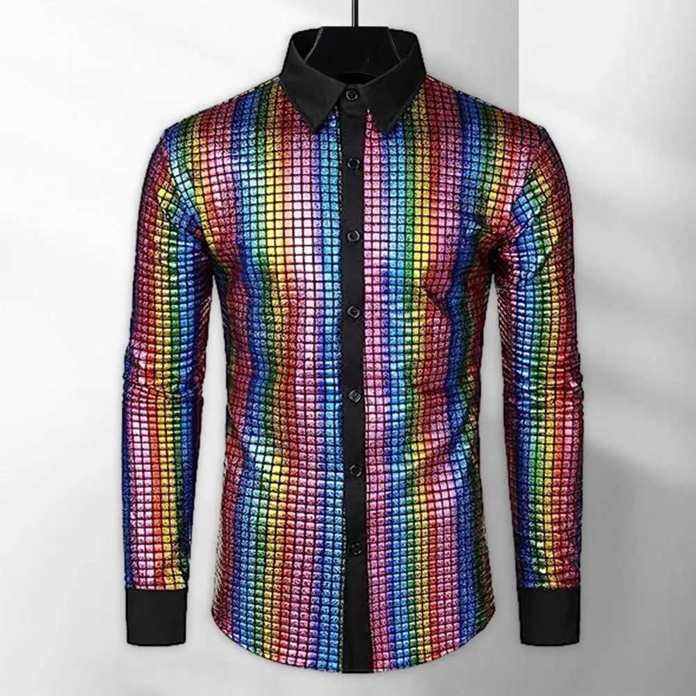Club dance mens shirt mens disco shirt sequined stand up collar mens club dance stage performance shirt shiny smooth long sleeved W250312