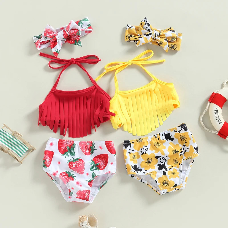 0-3Y Summer Baby Swimwear Girls 3 Piece Halter Bikini Set Strawberry Print Tassel Bathing Suits Toddler Swimsuits Kids Beachwear 250311