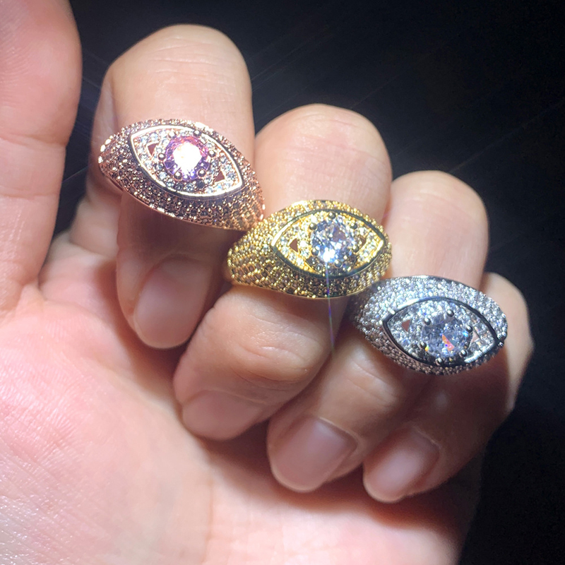 Hip Hop Casting Eye Rings Bling Full 5A Zircons Jewelry Real Gold Plated Cool Men Gift