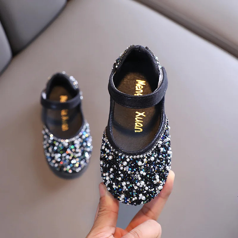 Autumn Girls Rhinestone Leather Shoes Spring Pearl Bow Princess Shoes Soft Children Baby Toddler Single Shoes G06 250311