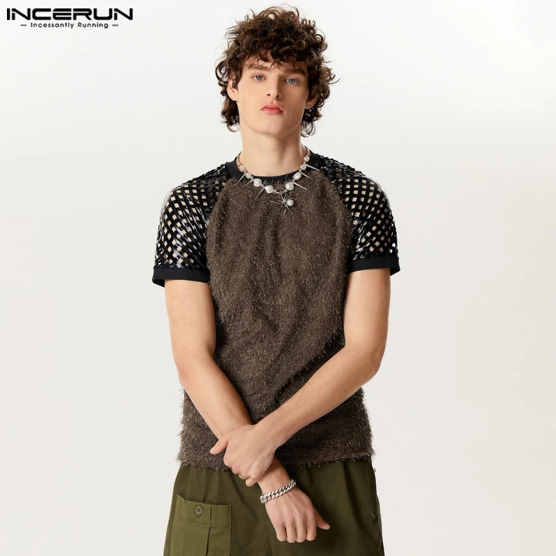 mens Tshirt hollow plush decal work Oneck short sleeved tee top summer fashion casual vest INCERUN 250312