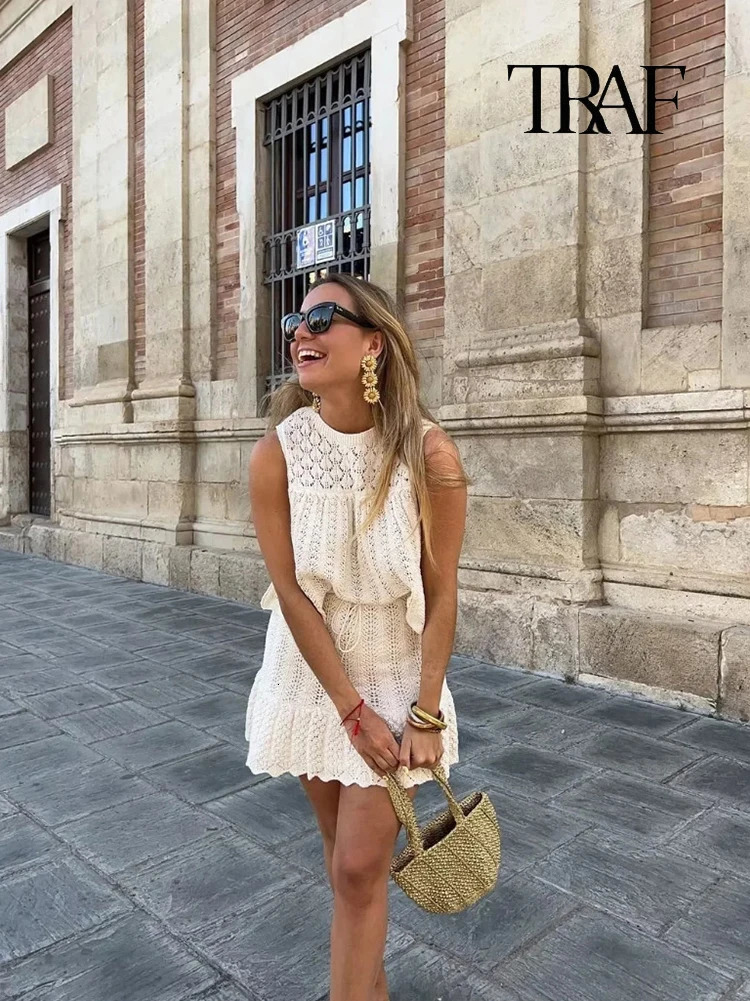 TRAF Womens Fashion Jacquard Sleeveless Top Set Elegant Skeleton Knitted Mini Skirt Lace Folded 250312