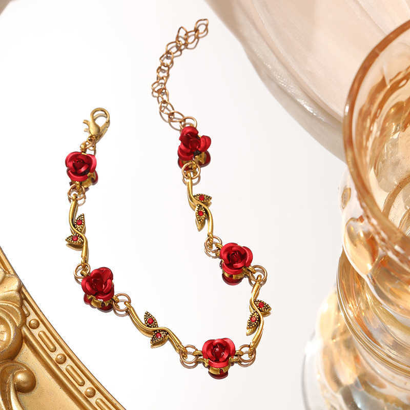 French Rose Blossoms Bracelet Set for Womens Ins Personalized Temperament Red Rose Necklace Bracelet Trendy W250312