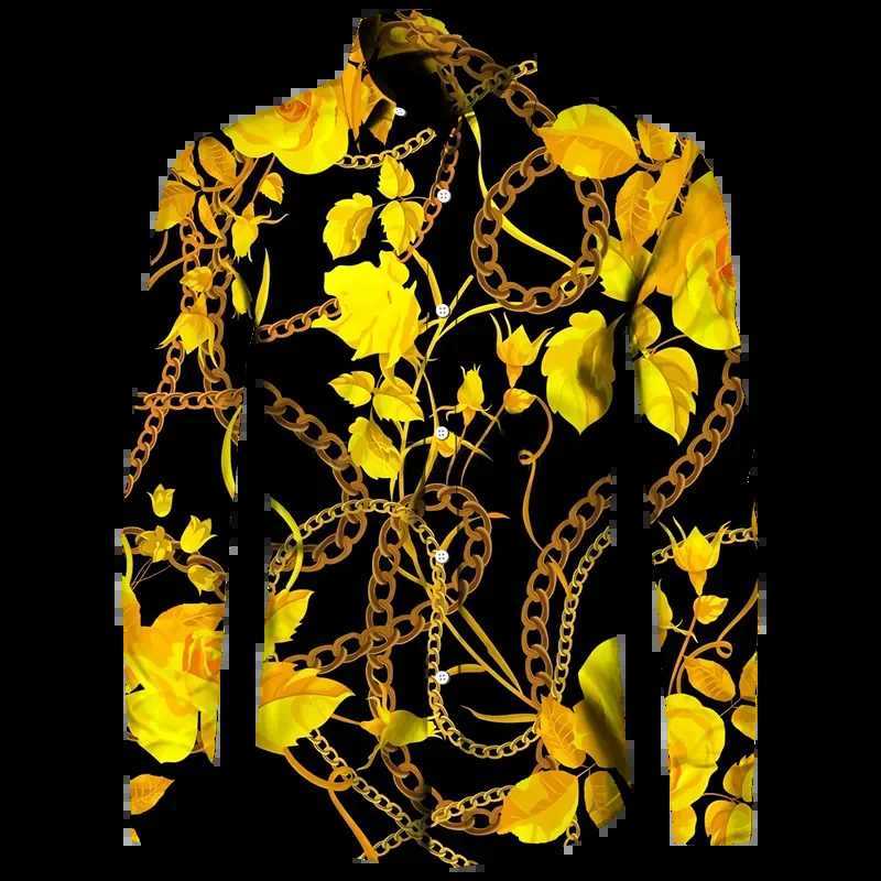 Fashionable luxury gold floral print mens Baroque style short sleeved/long sleeved lapel button top social Hawaiian party cardigan W250312