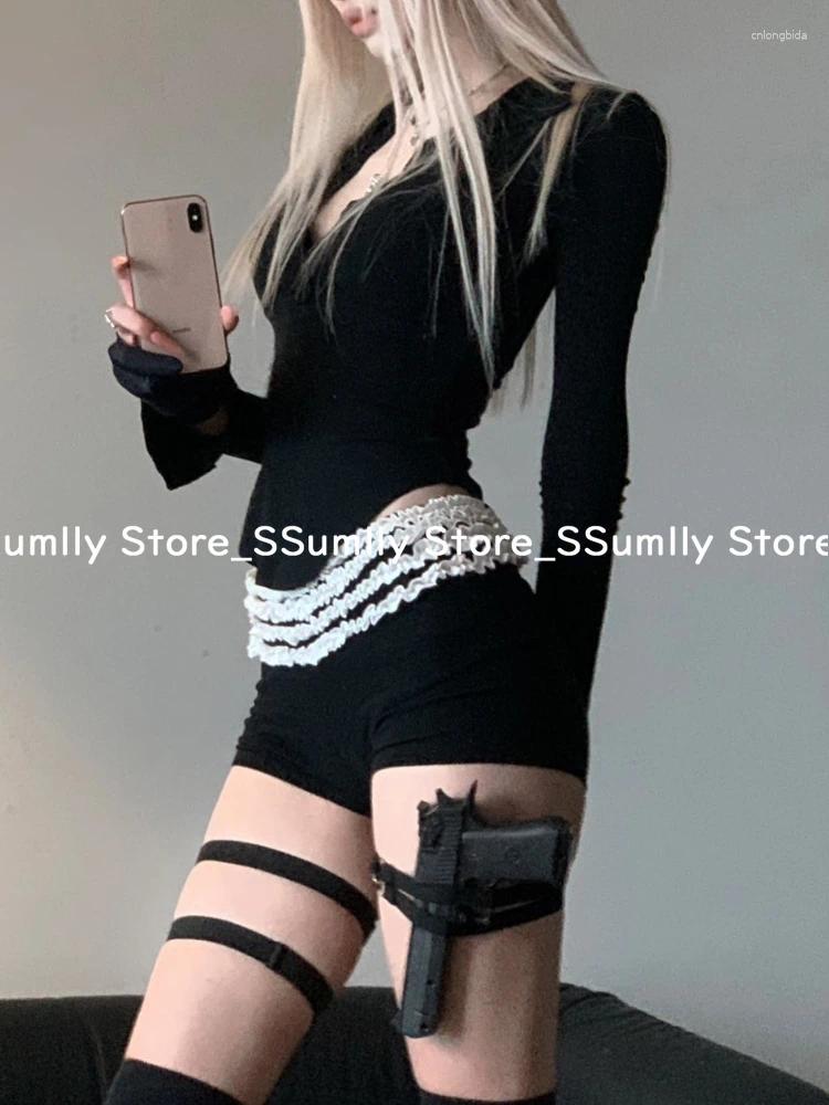 Women's Tracksuits 2025 Summer Korean V-neck Shorts Suit Y2k Slim Long Sleeved Tops Patchwork Pleated Fashion Design 2-piece Set Women