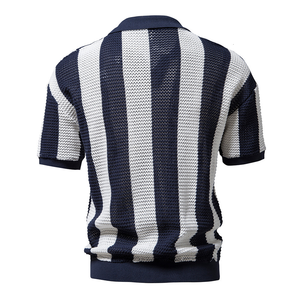 2025 Summer Polo Netshirt Hollow Short Sleeve Fishing Nets Fashion Men's Striped POLO t shirt European Size tracksuit