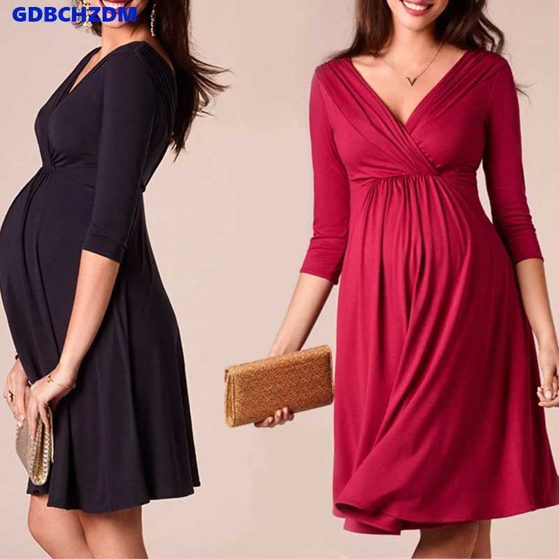 Breastfeeding Dresses Maternity Clothes for Pregnant Women Clothing Solid V-Neck Pregnancy Dresses Mother Wear Evening DressT250311