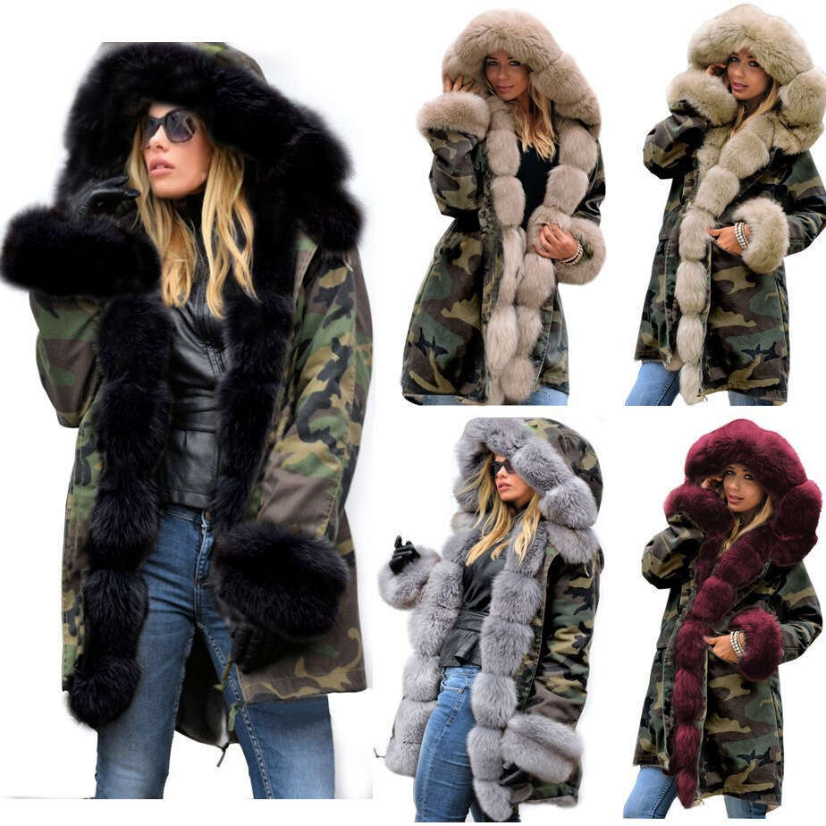 2022 Autumn/Winter New Slim Fit Warm Women's Camo Long Wool Collar Hooded Cotton Coat