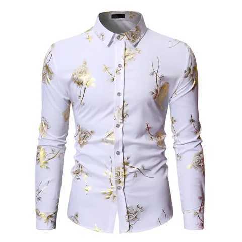 Mens Golden Rose Flower Printed Shirt Brand Flower Steampunk Chemical White Long Sleeve Wedding Party Solid Color Camisa Masculina New W250312