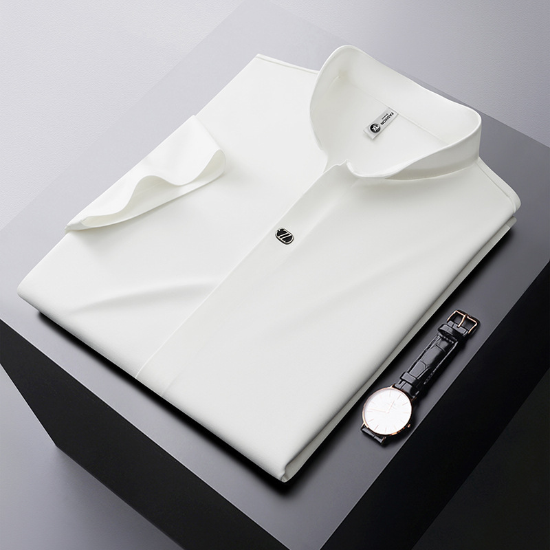 New Chinese style standing neck high elastic V-neck polo shirt for men's seamless drape thin short sleeved white t-shirt light luxury summer trac