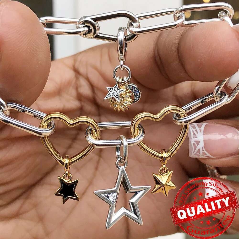 Classic Gold Wire Heart Sparking 925 Sterling Silver Pearl Angel Dangle Charm For DIY Women Bracelet Pendant Accessories