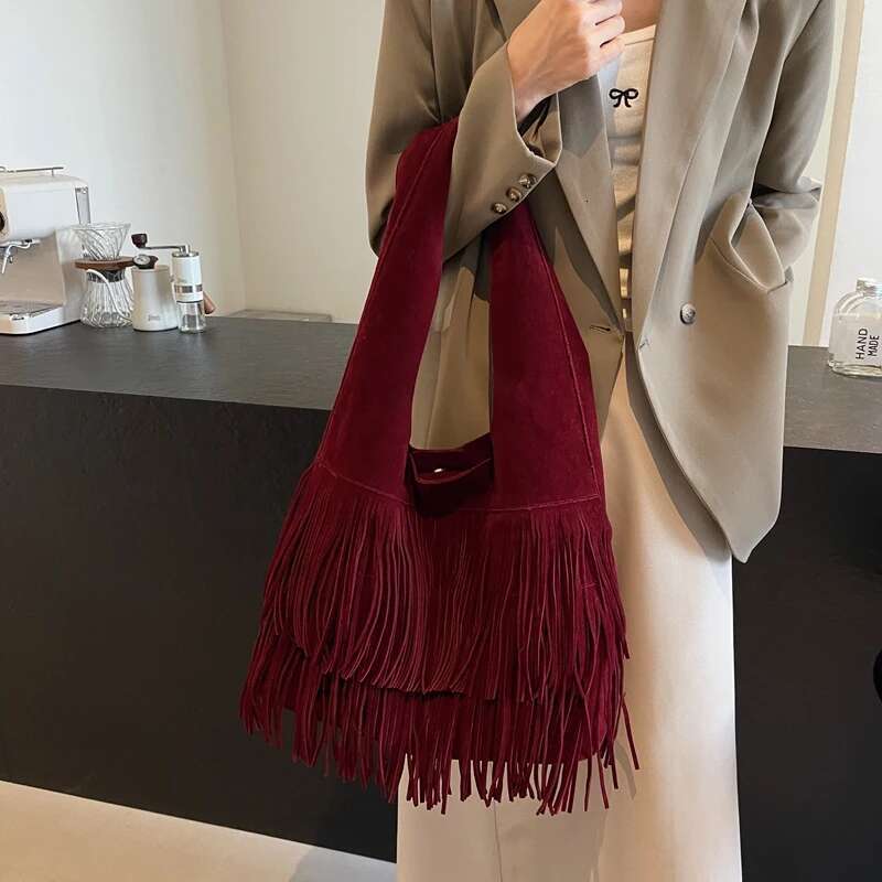 Women s Frosted Tassel Shoulder Bag High quality Imitation Suede Tassel Armpit Large Capacity Handbag Fashionable Designer Trendy Wallet Crossbody Sho