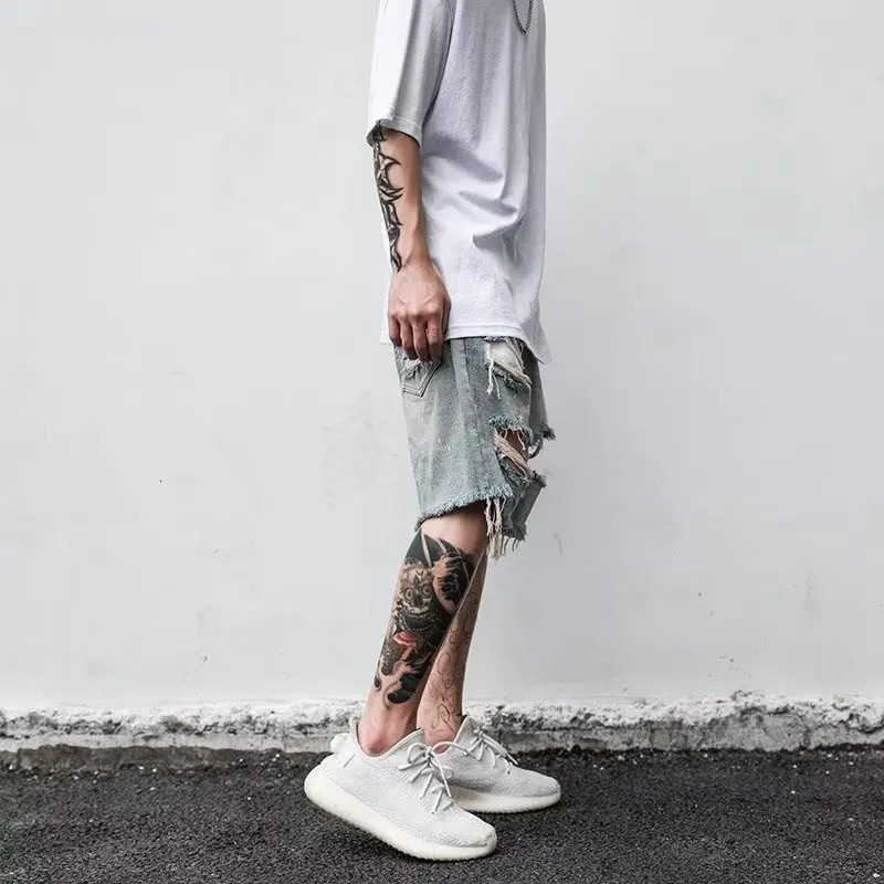 Summer mens hole straight wide leg Harlan jeans shorts elastic high wash pocket denim 250312