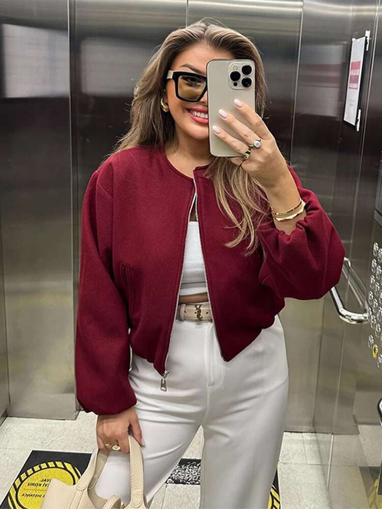 Fashion Solid Zipper Woolen Coat Women Long Sleeve O Neck Lady Bomber Jacket Autumn Warm Pocket Female Street Chic Short Outwear