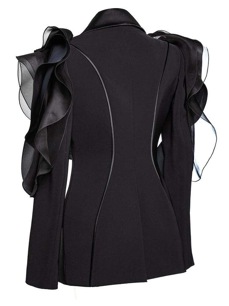 YERMORA Spliced Mesh Ruffles Casual Blazer For Women Lapel Long Sleeve Fashion Tide Loose Fit Jacket Spring Autumn 2025 New A165