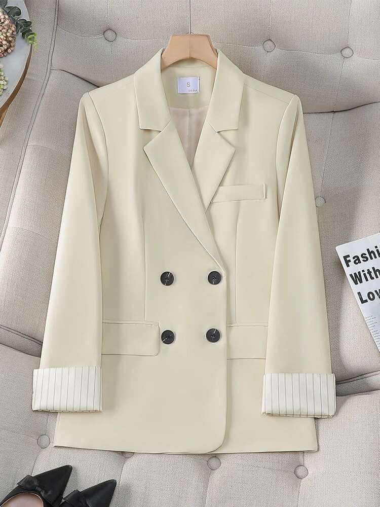 Fashion Women Casual Blazer Coat Yellow Beige Black Female Long Sleeve Double Breasted Loose Ladies Jacket