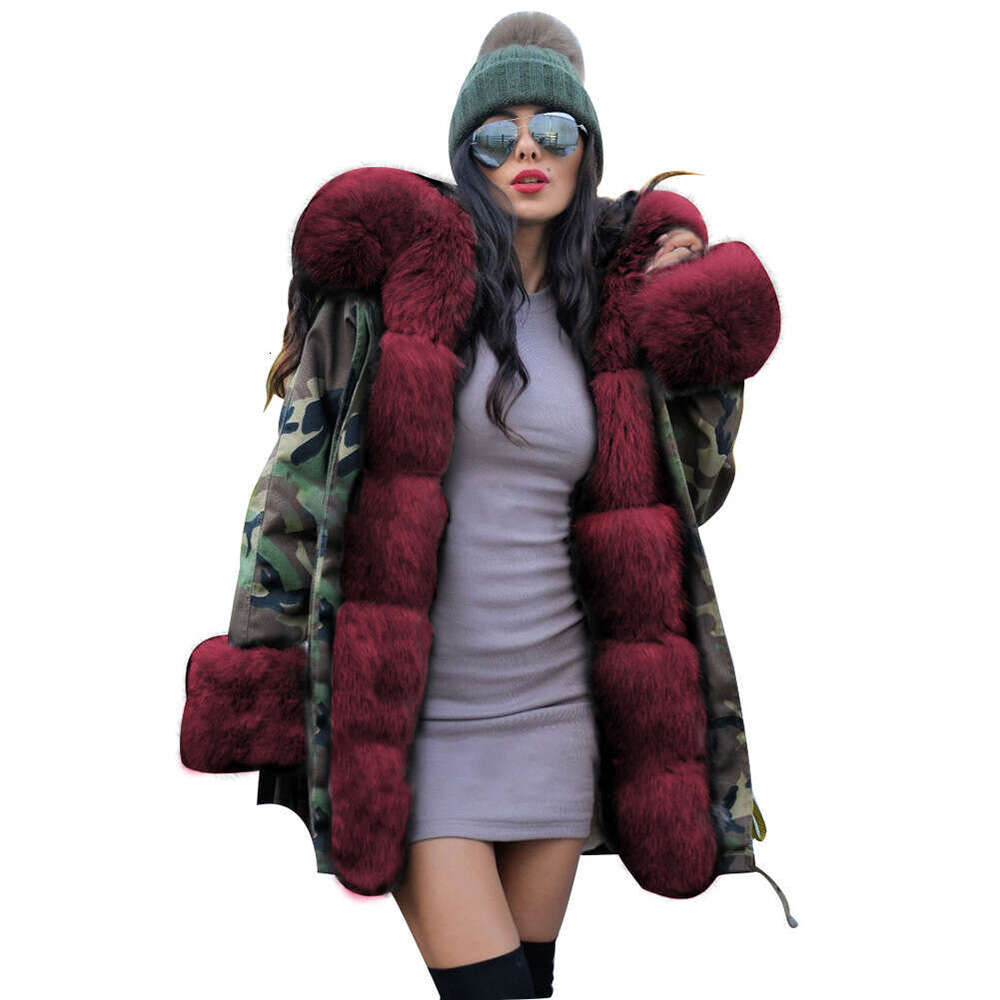 2022 Autumn/Winter New Slim Fit Warm Women's Camo Long Wool Collar Hooded Cotton Coat