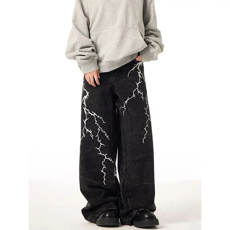 American retro sparkling pattern straight leg jeans suitable for both men and womens streets loose and casual wash wide leg casual pants y2k 250310