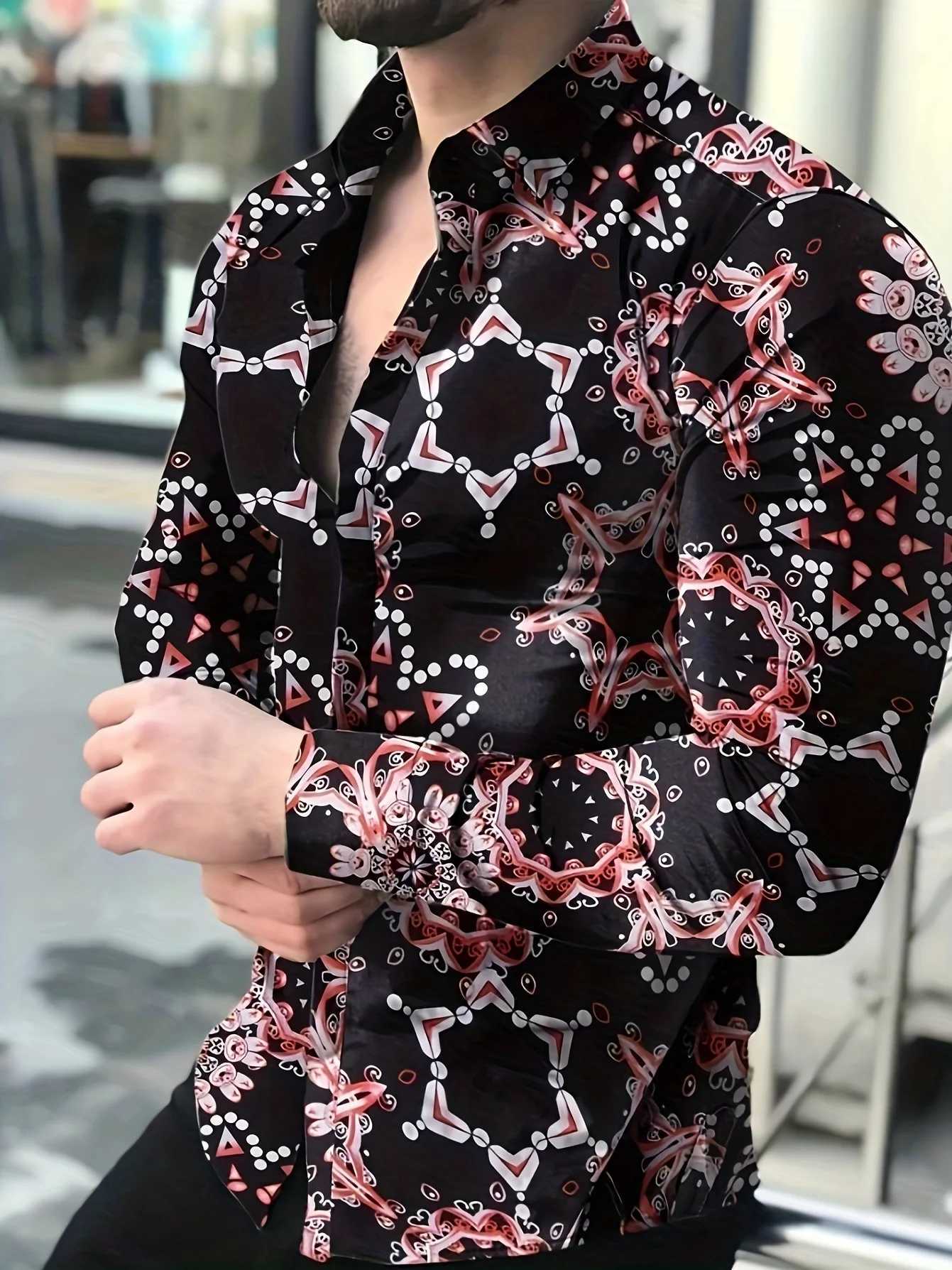 Mens Fashion 3D Rose Pattern Printed Shirt Oversized Spring/Summer Mens Retro Paisley Pattern Long Sleeve Shirt Clothing W250312