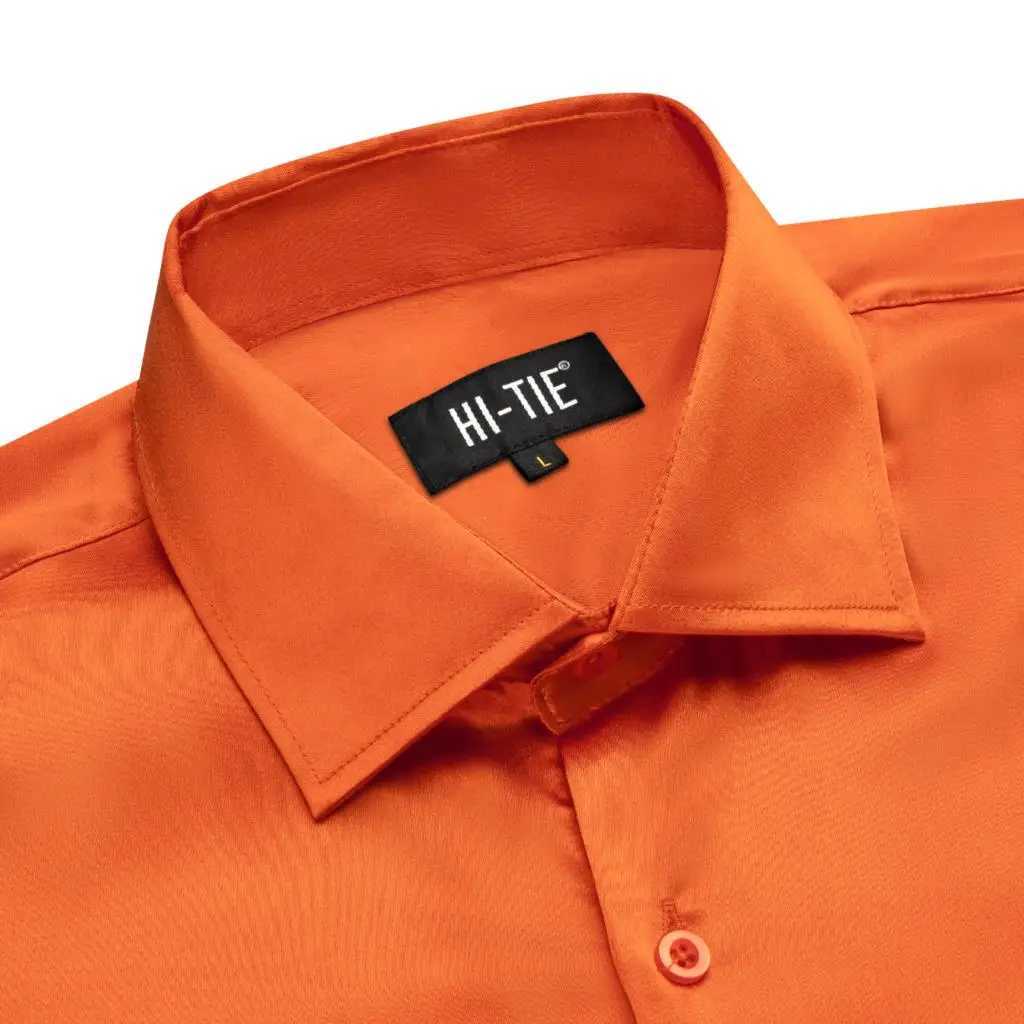 Hi Tie Orange Plain Silk Mens Shirt Flip Collar Long Sleeve Dress Soft Shirt Mens Formal Casual Wedding Business Oversized W250312